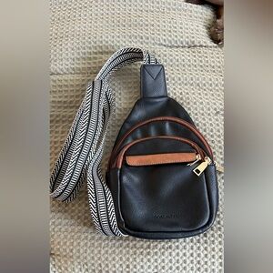 Black Leather Sling Bag with Brown Trim